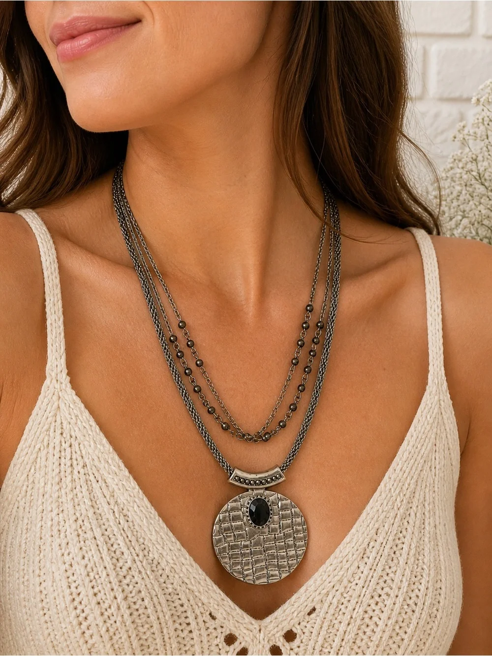 New York & Company Gunmetal Multi-Strand Necklace with Black Stone Pendant